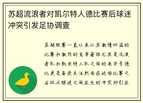 苏超流浪者对凯尔特人德比赛后球迷冲突引发足协调查